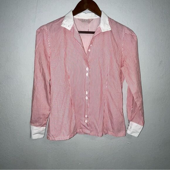 Women's Classic Directions Red & White Striped Button Down Shirt - Picture 2 of 7
